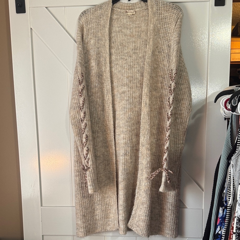 Hem & Thread Beige Knit Long Cardigan with leopard threaded Sleeves